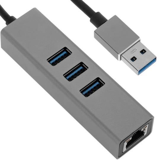 USB 3.0 to 3xUSB 3.0 and Ethernet RJ45 converter grey colour