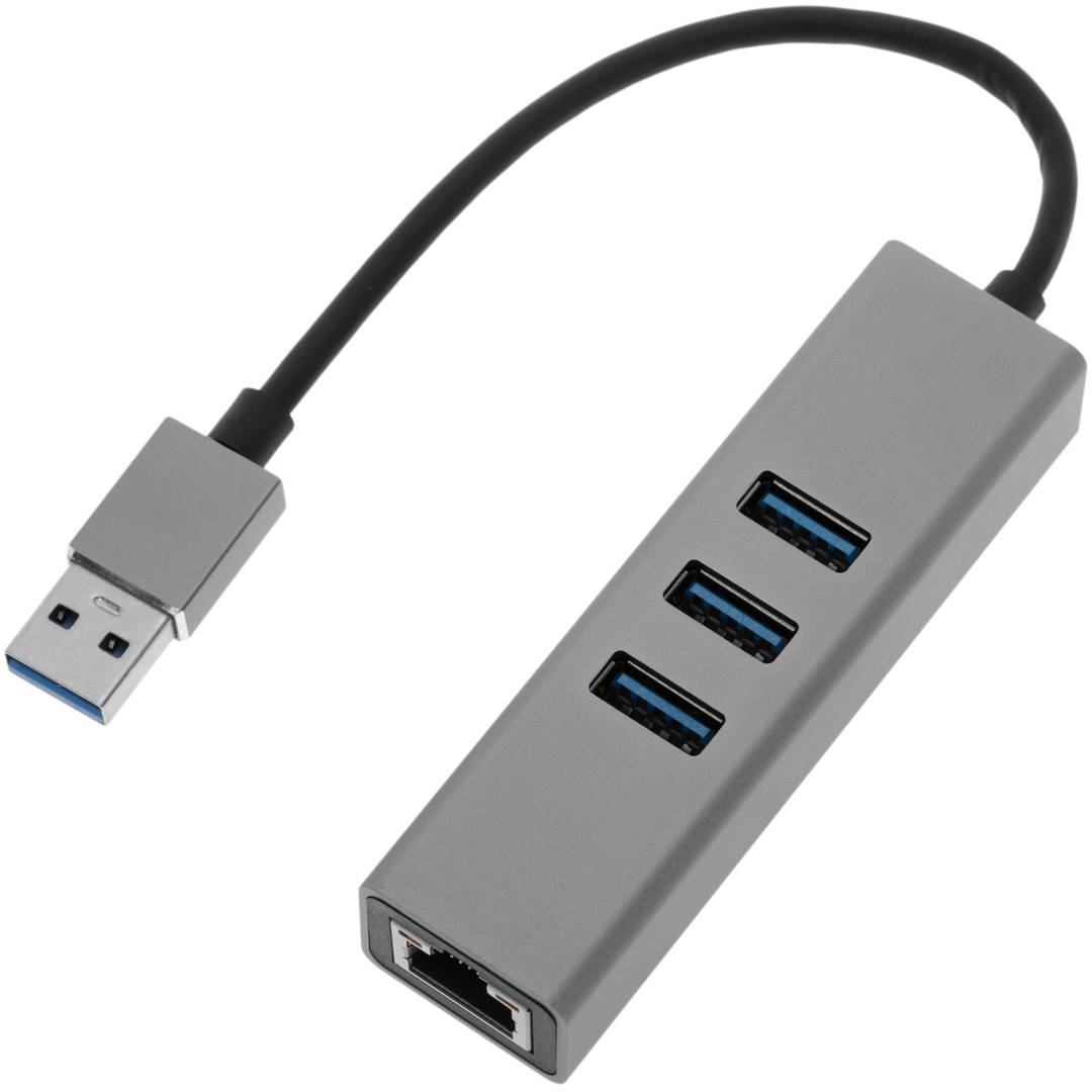 USB 3.0 to 3xUSB 3.0 and Ethernet RJ45 converter grey colour