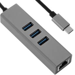 USB-C 3.0 naar 3xUSB 3.0 en Ethernet RJ45 converter grijze kleur