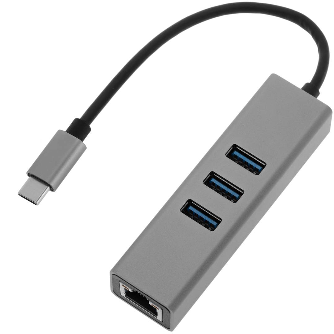 Conversor d'USB-C 3.0 a 3xUSB 3.0 i Ethernet RJ45 color gris