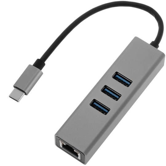 Conversor d'USB-C 3.0 a 3xUSB 3.0 i Ethernet RJ45 color gris