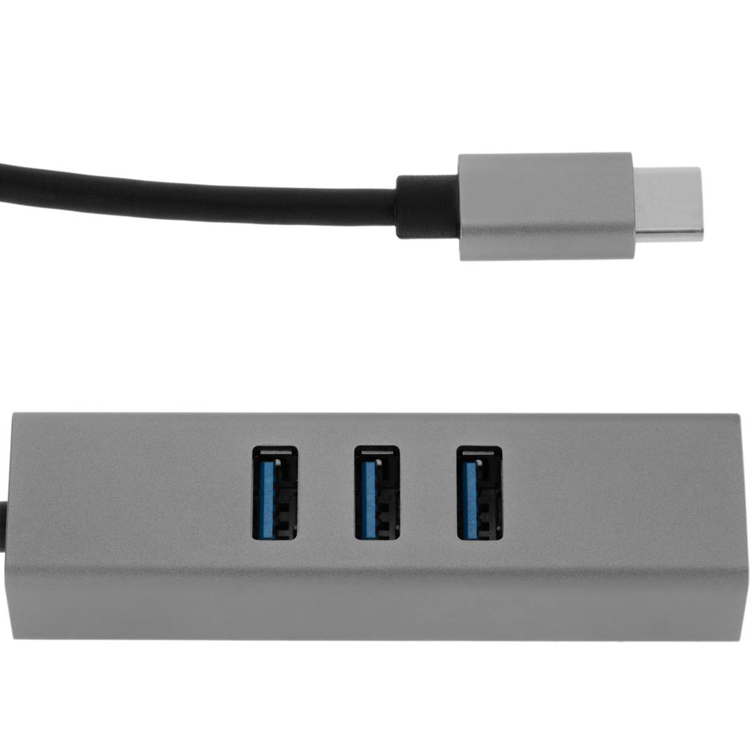 Conversor d'USB-C 3.0 a 3xUSB 3.0 i Ethernet RJ45 color gris