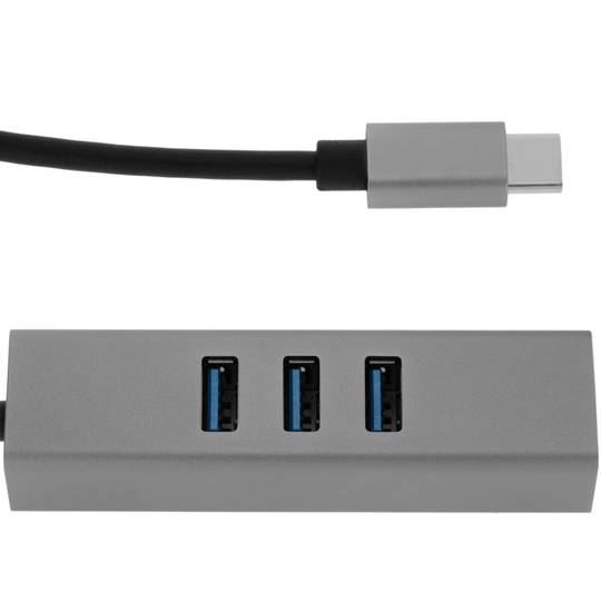 Conversor d'USB-C 3.0 a 3xUSB 3.0 i Ethernet RJ45 color gris