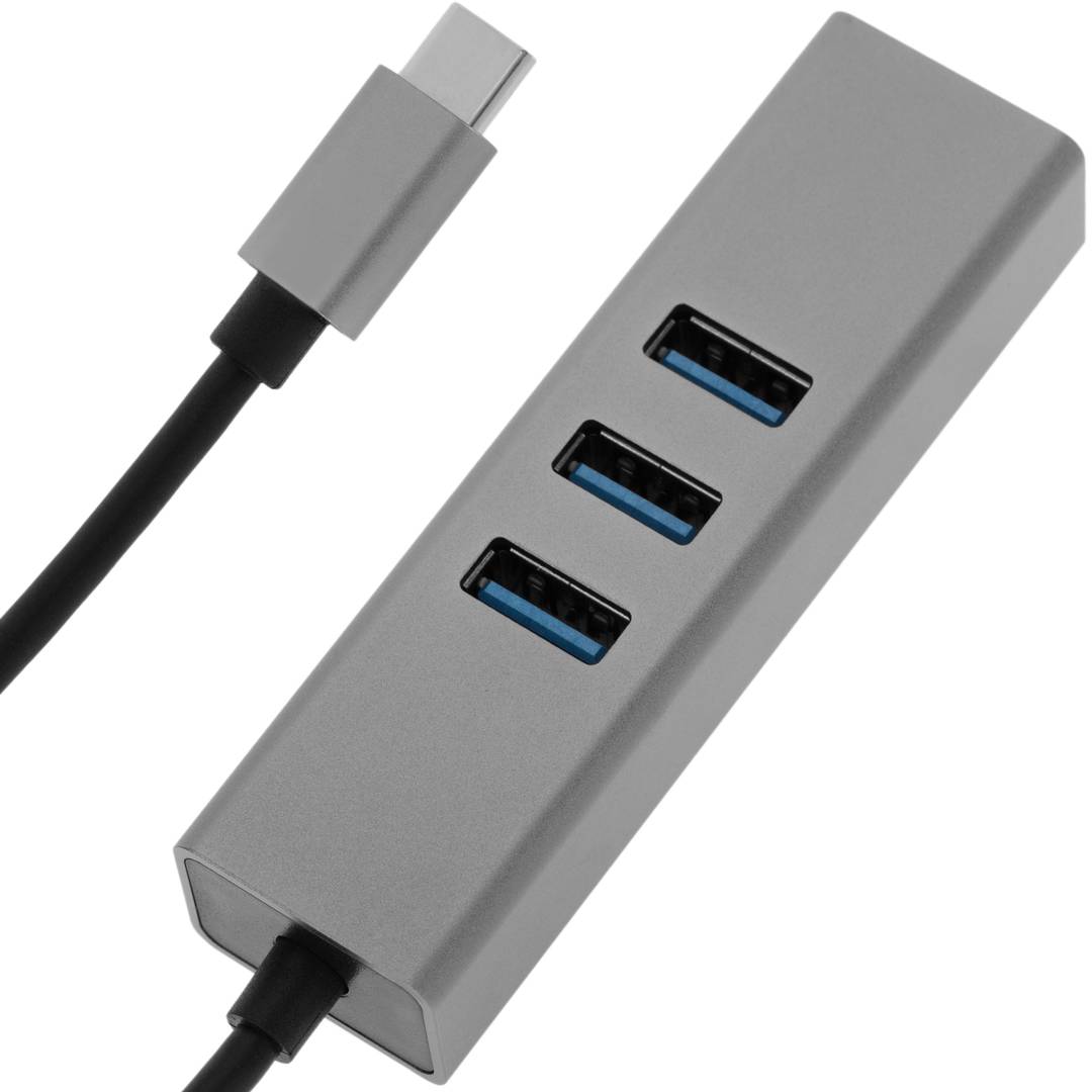 Conversor d'USB-C 3.0 a 3xUSB 3.0 i Ethernet RJ45 color gris