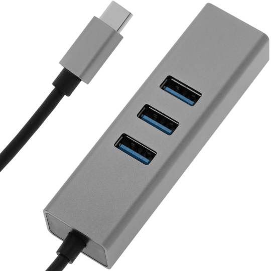 Conversor d'USB-C 3.0 a 3xUSB 3.0 i Ethernet RJ45 color gris