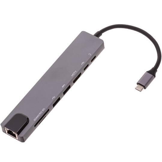 HUB USB C adaptador 8 en 1 lector SD/microSD USB2.0 USB3.0 HDMI y RJ45 100W PD