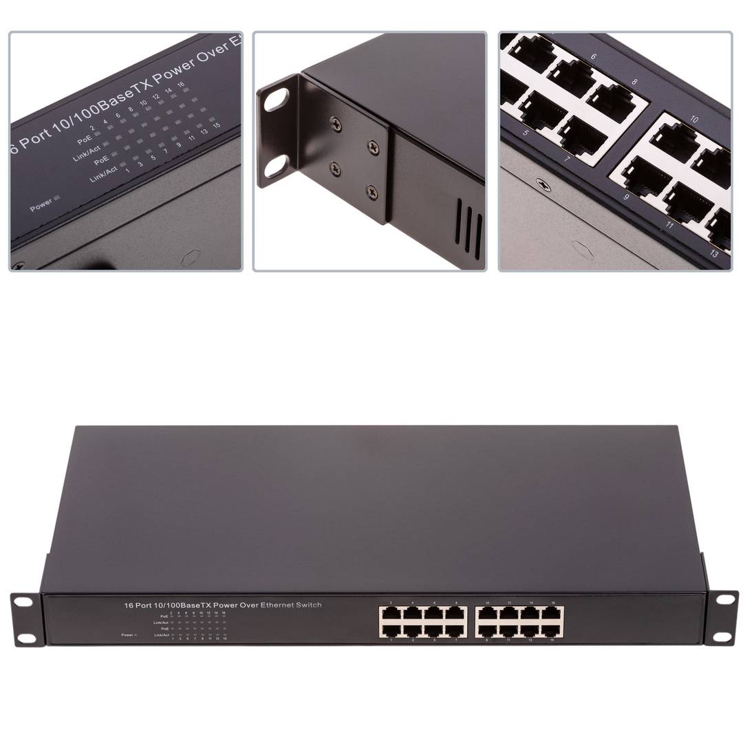 PoE Inyector Hub IEEE802.3af 10/100 Mbps 16-Port Rack 19