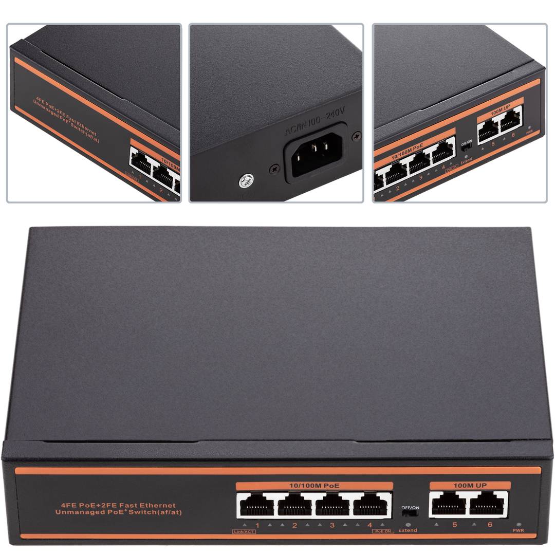Switch PoE 10/100Mbps IEEE802.3af/at com 2 portas UTP e 4 portas PoE