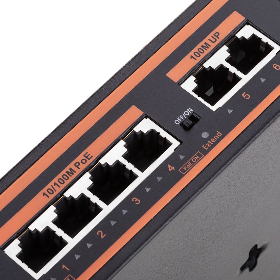 Switch PoE 10/100Mbps IEEE802.3af/at com 2 portas UTP e 4 portas PoE