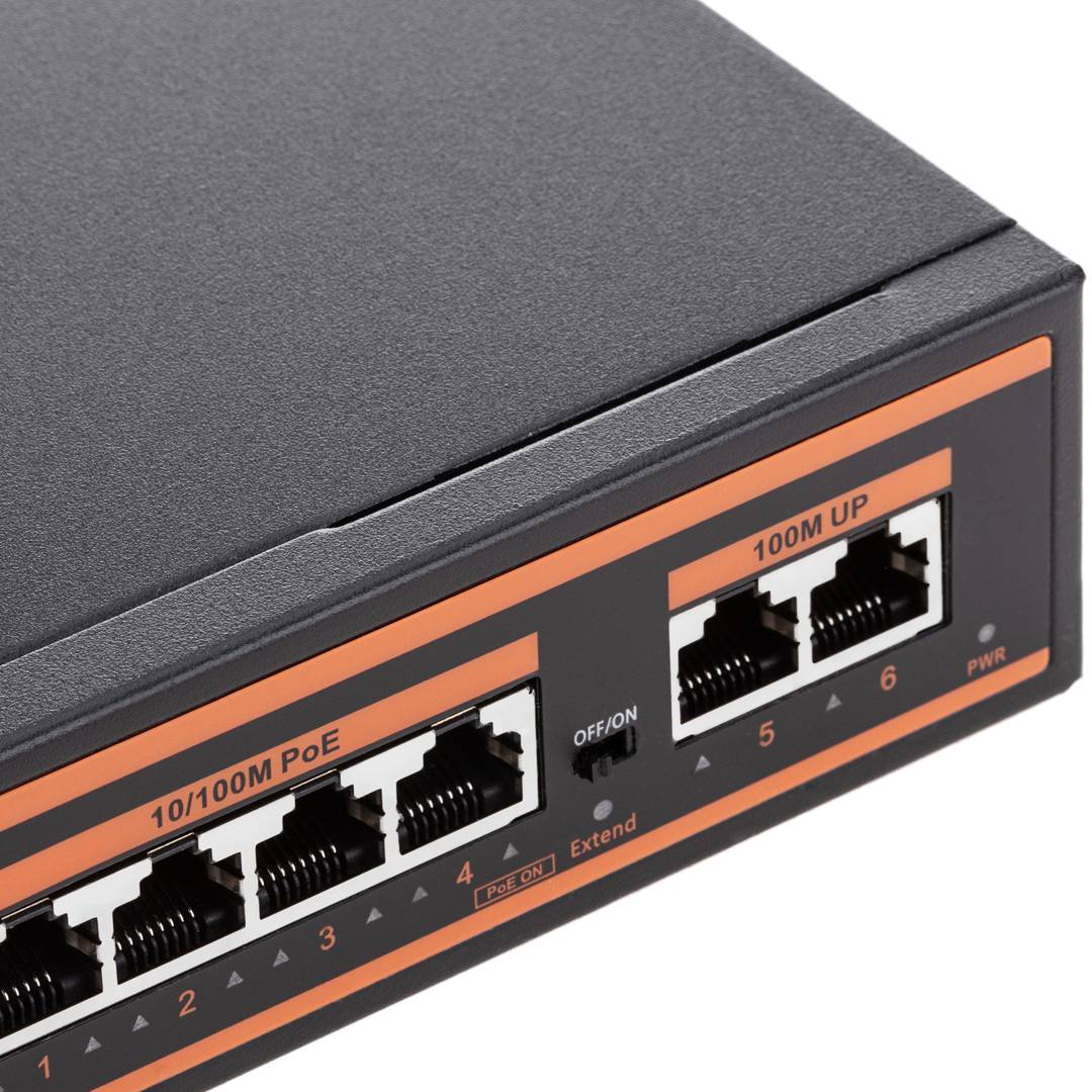 Switch PoE 10/100Mbps IEEE802.3af/at com 2 portas UTP e 4 portas PoE