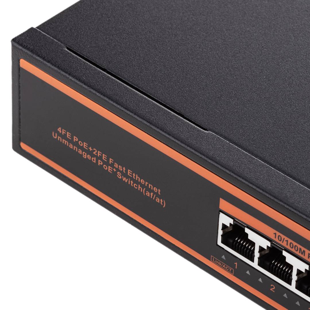 Switch PoE 10/100Mbps IEEE802.3af/at com 2 portas UTP e 4 portas PoE