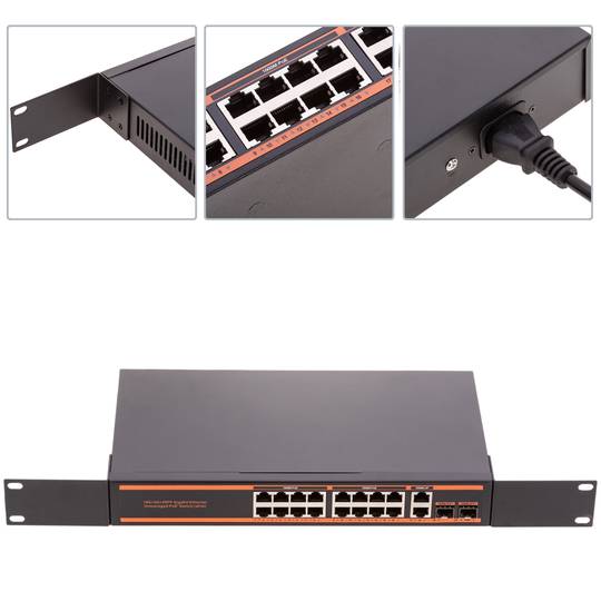 Switch PoE de rede de 10/100/1000 Mbps IEEE802.3af/at para rack de 19