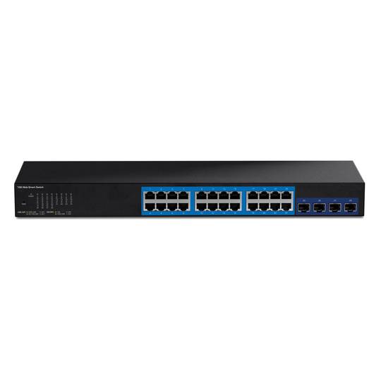 Switch PoE 10/100/1000 Mbps IEEE802.3ae/ad com 24 portas e 4 SFP+ para rack de 19
