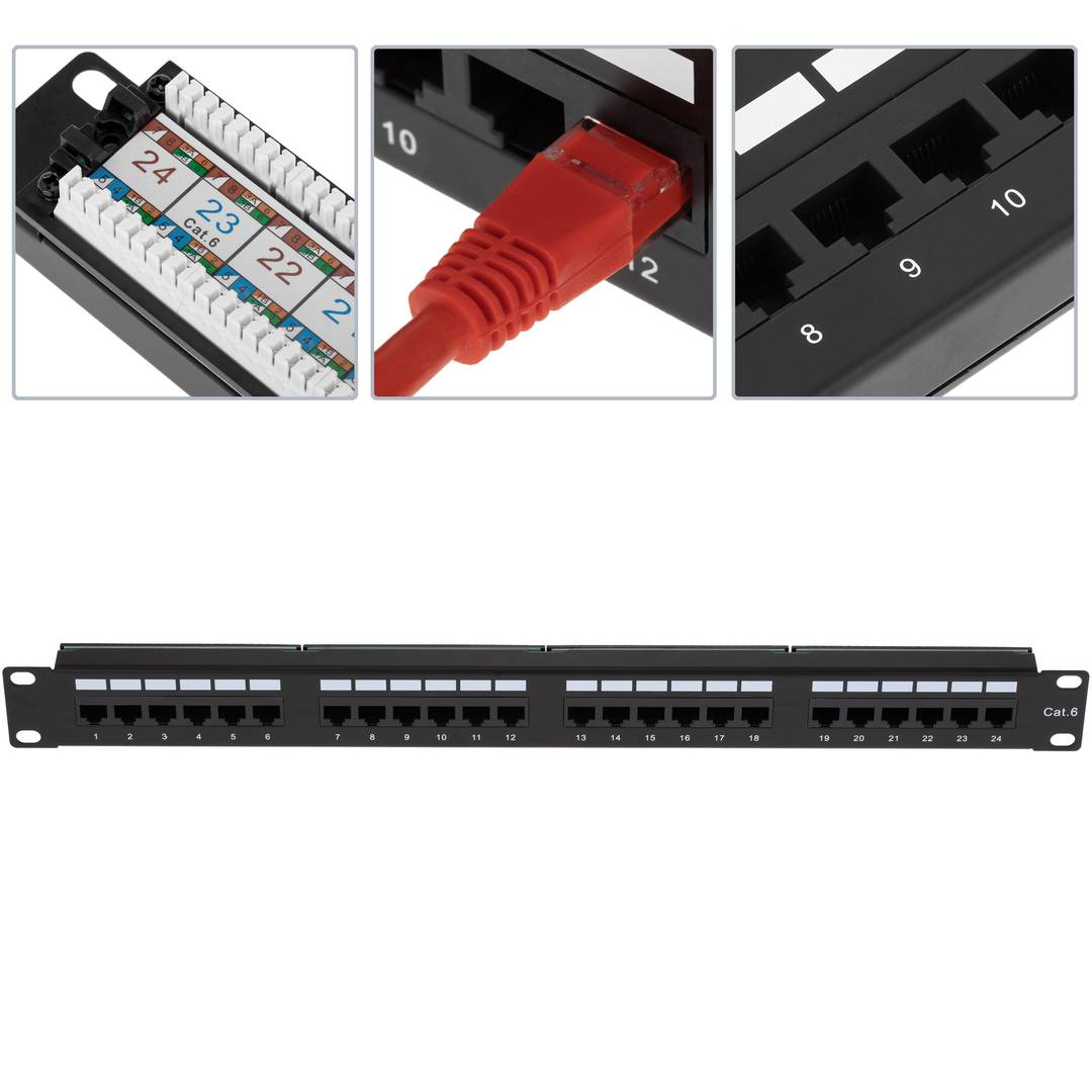 Patch panel de 24 RJ45 Cat.6 UTP 1U negro