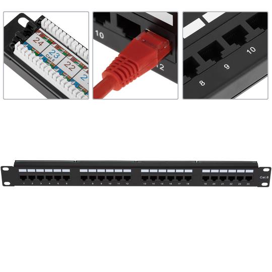 Patch panel de 24 RJ45 Cat.6 UTP 1U negro