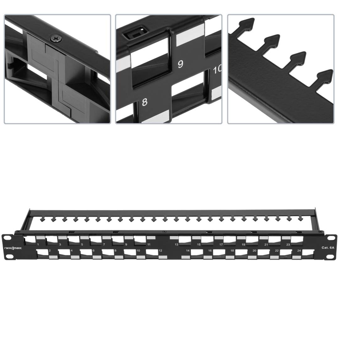 Panneau de brassage 24 RJ45 Cat.6a UTP 1U noir avec peigne