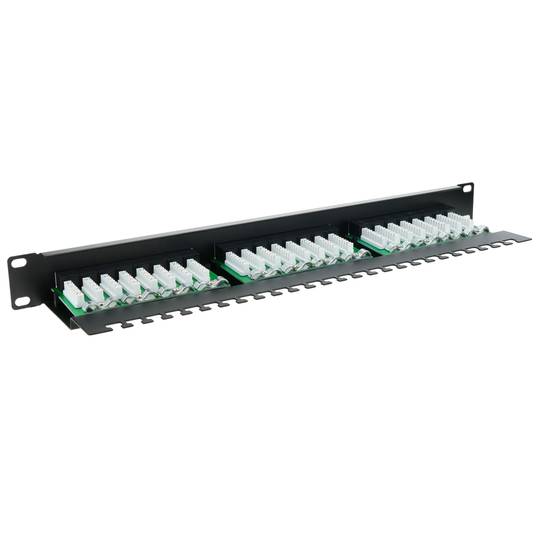 Patch panell de 24 RJ45 Cat.5e UTP 1U negre amb organitzador de cables per a armari rack