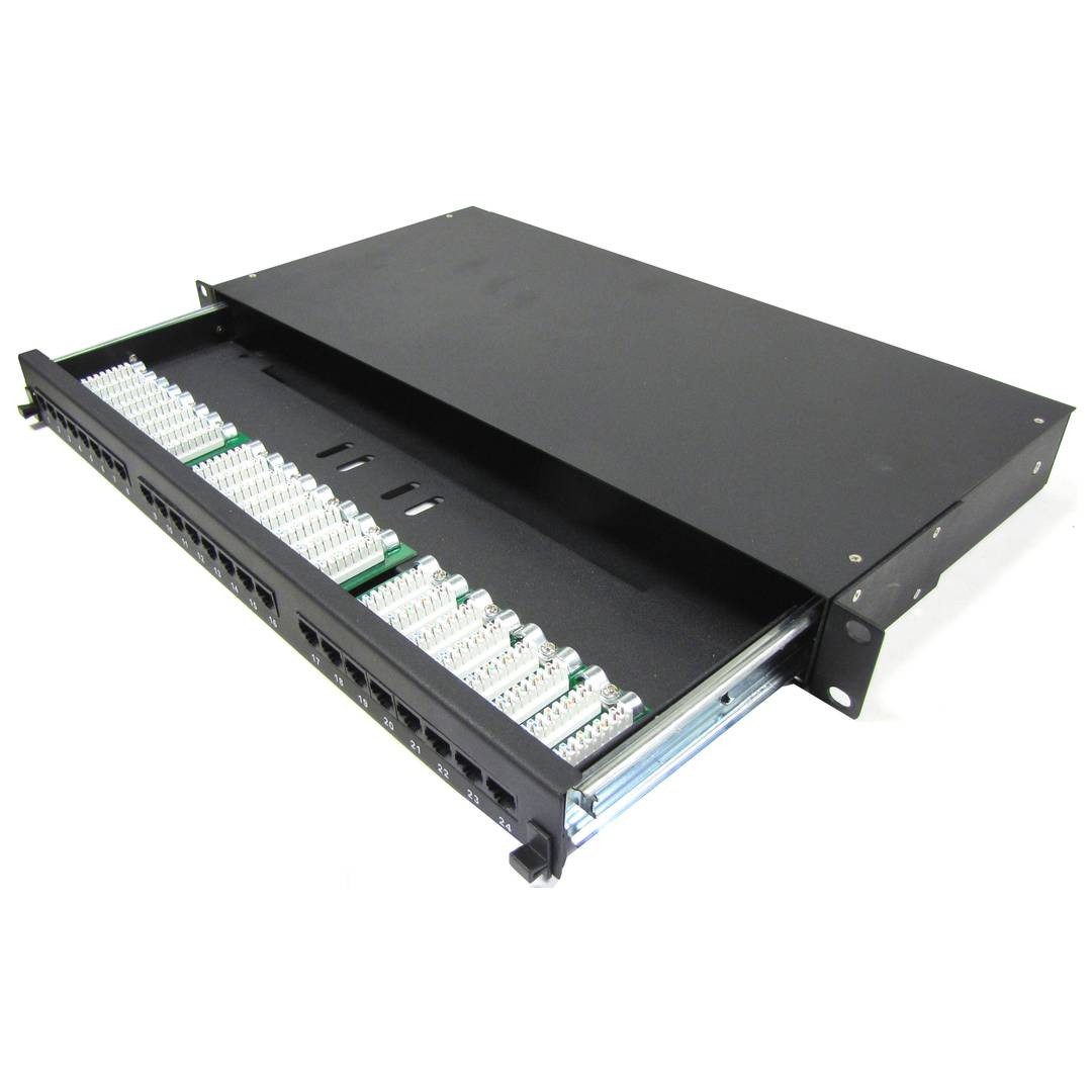 Painel de remendo de 1U 24 RJ45 UTP Cat.5e preto na gaveta removível