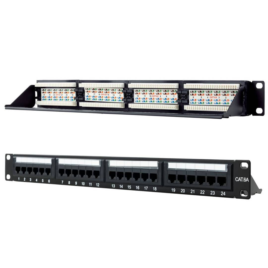 Patchpanel mit 24 RJ45 Cat.6A UTP 1U schwarz mit Kamm