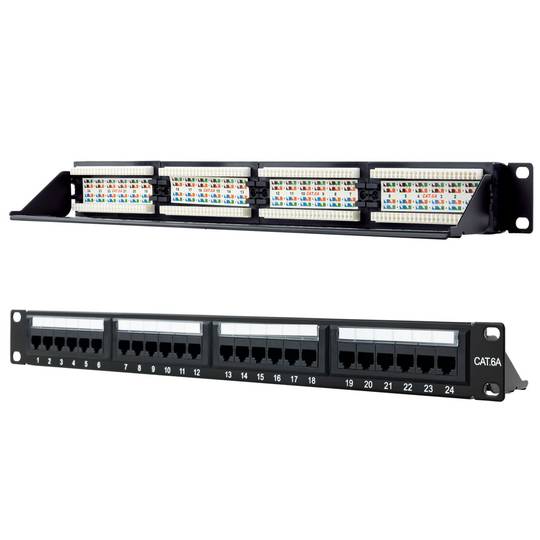 Patchpanel mit 24 RJ45 Cat.6A UTP 1U schwarz mit Kamm