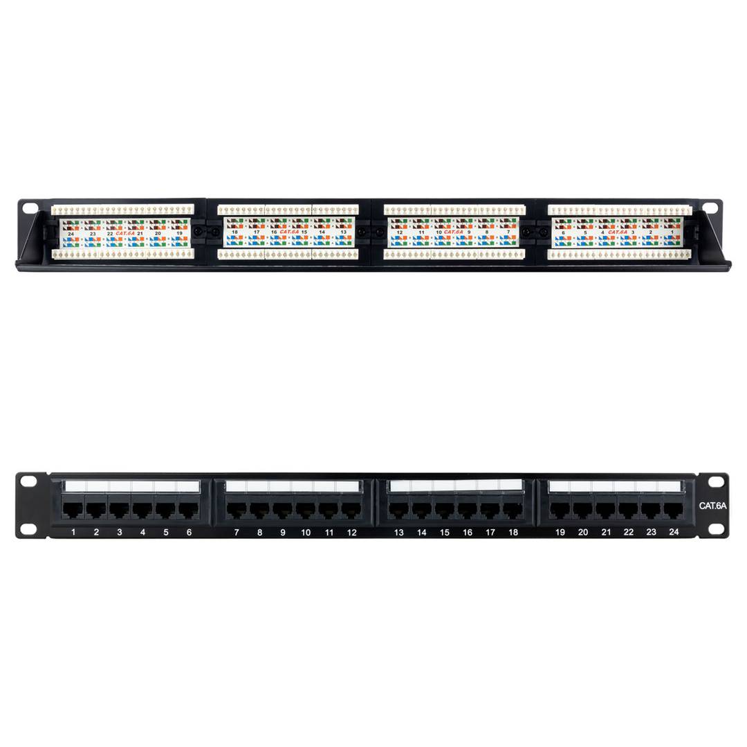 Patchpanel mit 24 RJ45 Cat.6A UTP 1U schwarz mit Kamm