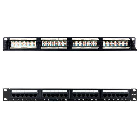 Patchpanel mit 24 RJ45 Cat.6A UTP 1U schwarz mit Kamm