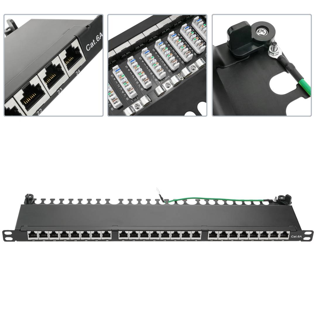 Patch panel rack 24 RJ45 Cat.6A FTP 0.5U noir avec peigne pour la gestion des câbles