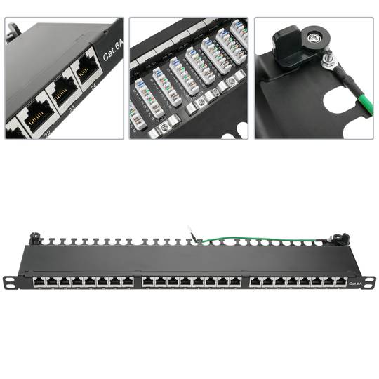 Patch panel rack 24 RJ45 Cat.6A FTP 0.5U noir avec peigne pour la gestion des câbles