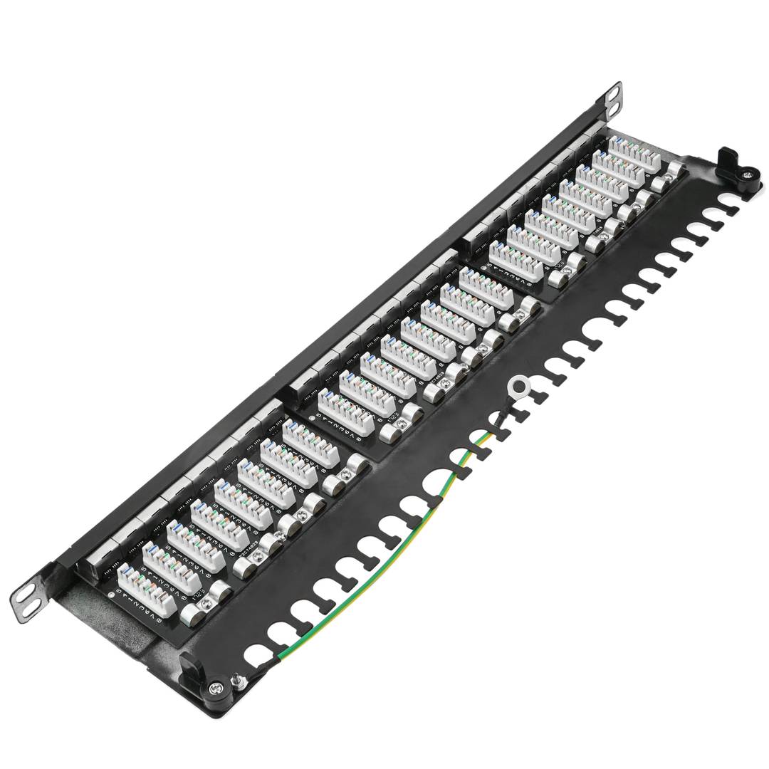 Patch panel rack 24 RJ45 Cat.6A FTP 0.5U noir avec peigne pour la gestion des câbles