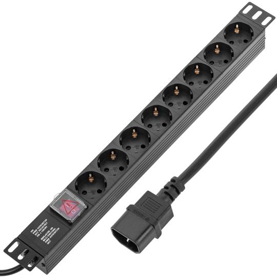 Regleta d'endolls rack 19'' de 8 schuko vermell amb interruptor i cable C14 de RackMatic