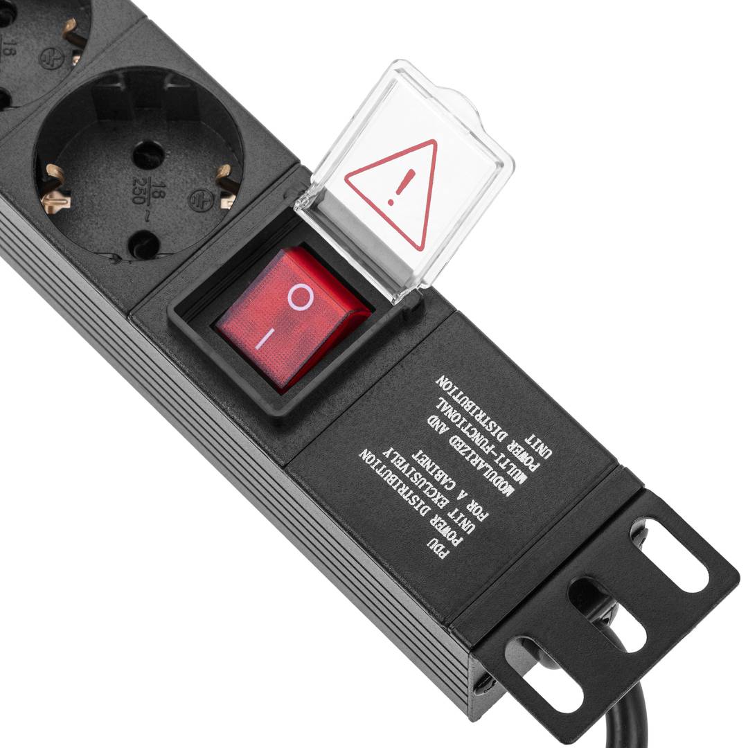 Regleta d'endolls rack 19'' de 8 schuko vermell amb interruptor i cable C14 de RackMatic