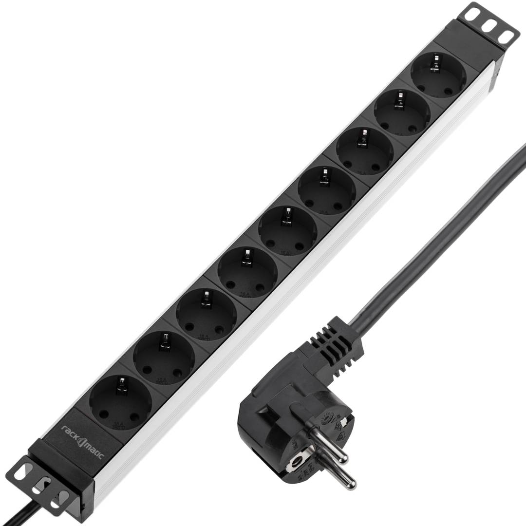 Aluminium strip met 9 zwarte Schuko pluggen voor 19” 1U rackkast