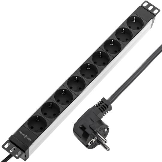 Aluminium strip met 9 zwarte Schuko pluggen voor 19” 1U rackkast