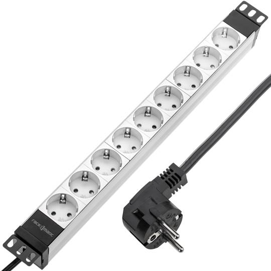 Listwa aluminiowa z 9 białymi wtykami typu Schuko do szafy rack 19” 1U