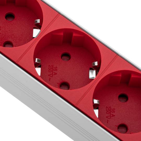 Aluminum power strip for rack cabinet 19” 1U with 8 red Schuko and switch
