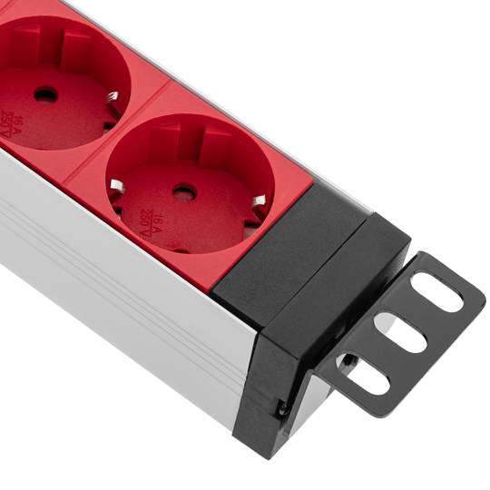 Aluminum power strip for rack cabinet 19” 1U with 8 red Schuko and switch
