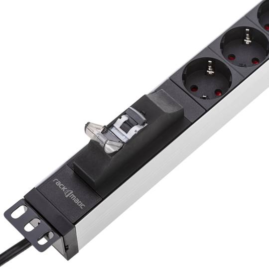 Regleta d'endolls d'alumini per a armari rack 19” 1U amb 6 Schuko negres i interruptor tipus B