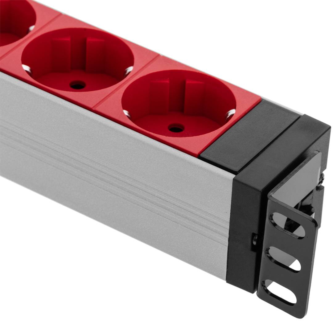 Regleta d'endolls d'alumini per a armari rack 19” 1U amb 9 Schuko vermells i connector C14
