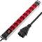 Aluminum power strip for 19” 1U rack cabinet with 8 red Schuko switches and C14 connector