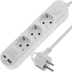 Stekkerdoos met 3 Schuko-stopcontacten met 1 USB-poort en 1 USB-C wit en 1,5m kabel