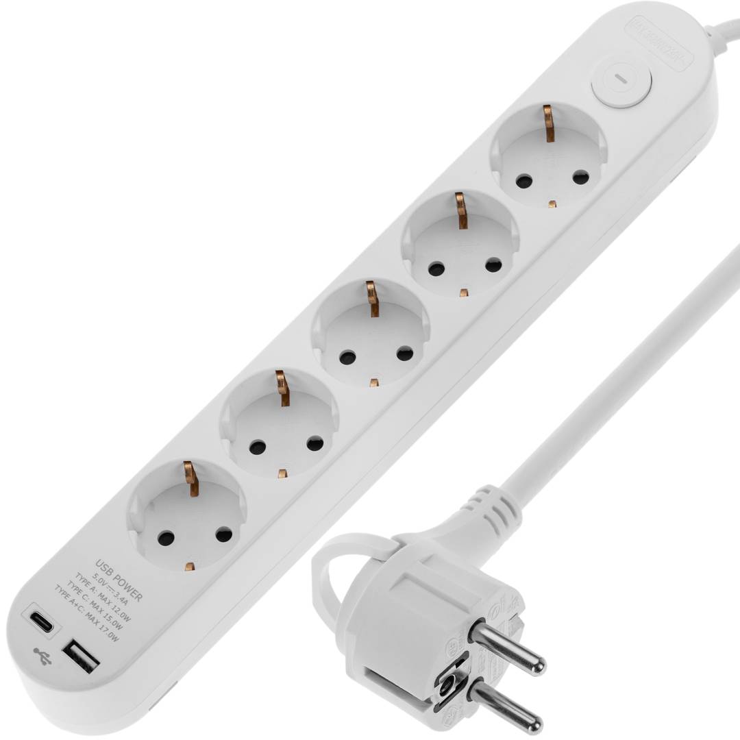Multiprise avec 5 prises Schuko avec 1 port USB et 1 USB-C blanc et câble 1,5m
