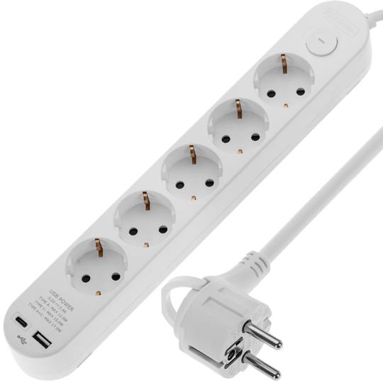 Multiprise avec 5 prises Schuko avec 1 port USB et 1 USB-C blanc et câble 1,5m