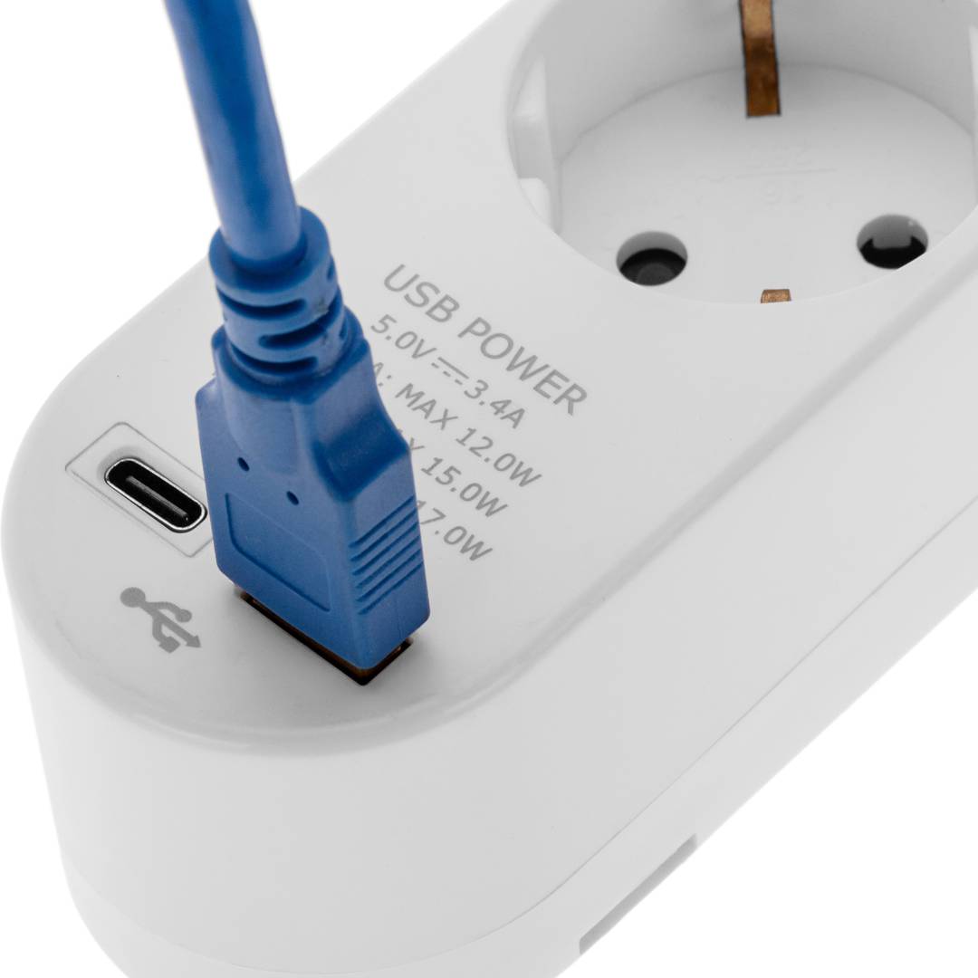 Multiprise avec 5 prises Schuko avec 1 port USB et 1 USB-C blanc et câble 1,5m
