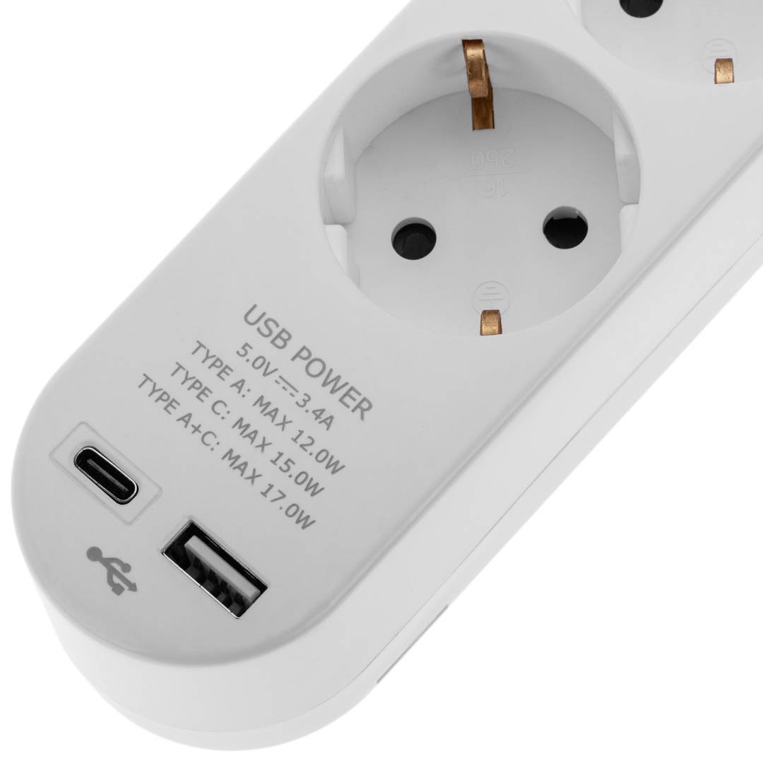 Multiprise avec 5 prises Schuko avec 1 port USB et 1 USB-C blanc et câble 1,5m