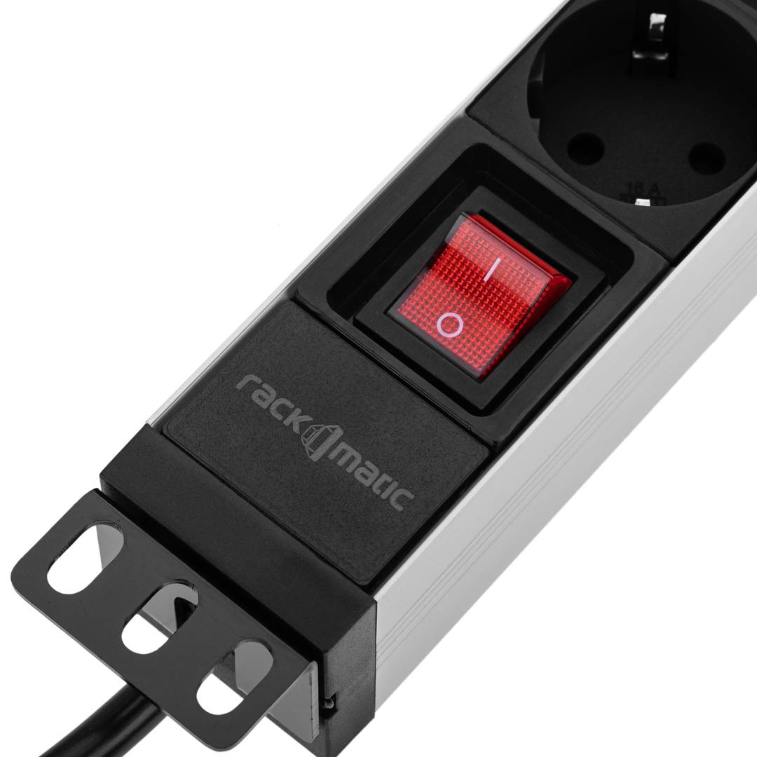 Regleta d'endolls de PVC per a armari rack 19” 1U amb 8 Schuko negres i interruptor