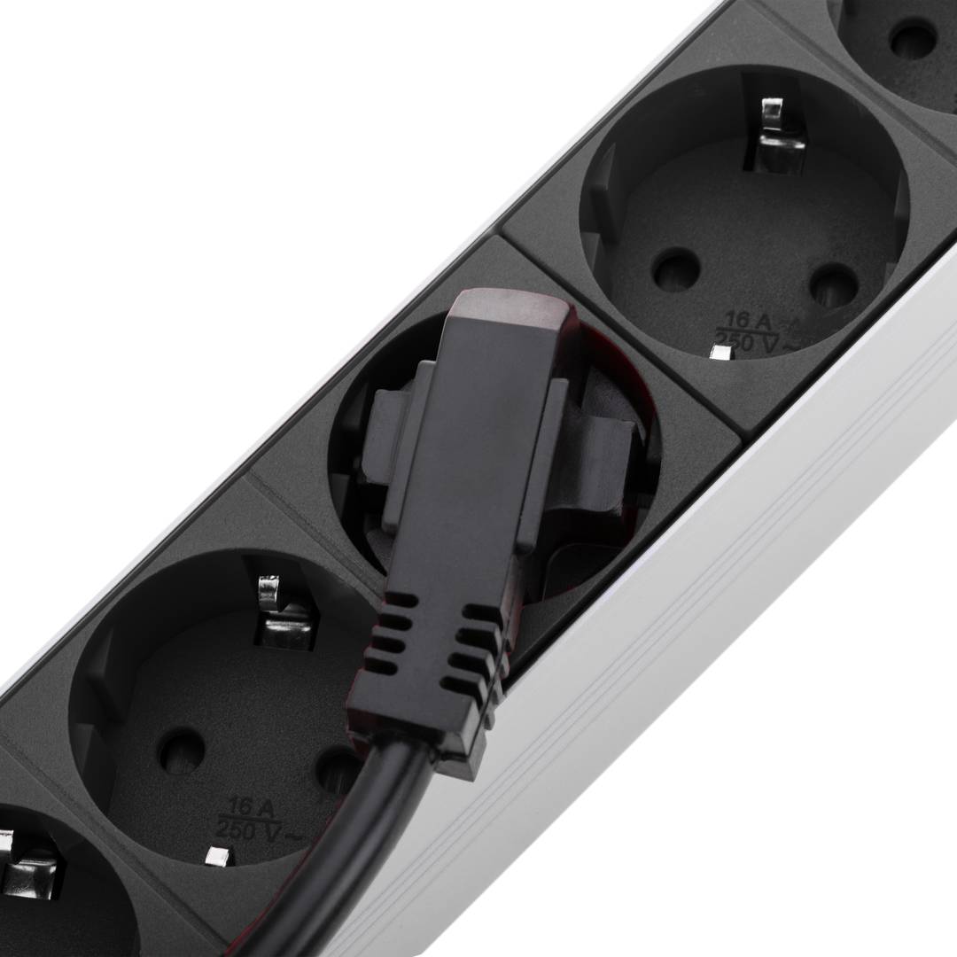Regleta de enchufes de PVC para armario rack 19” 1U con 8 Schuko negros,  interruptor y carcasa negra - Hiper Rack
