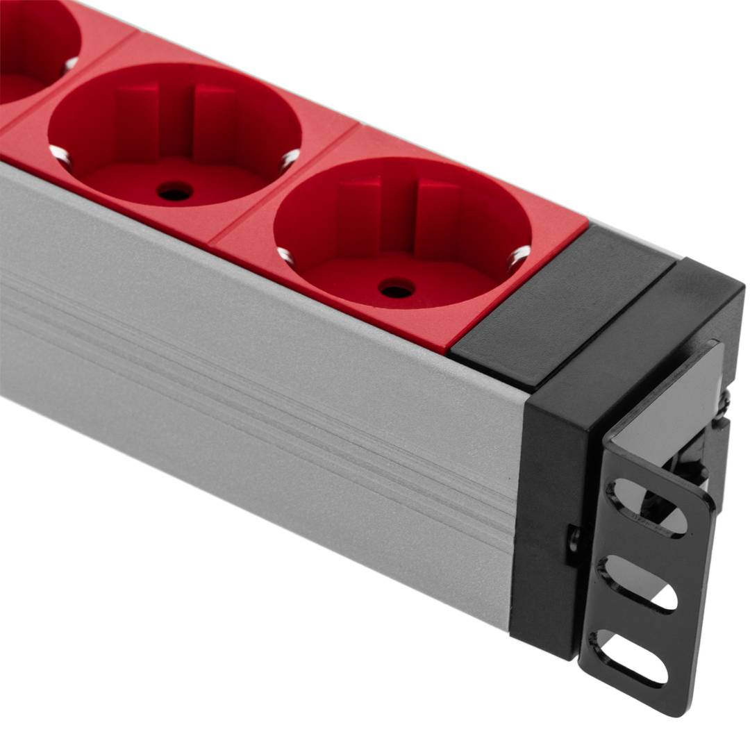 Listwa PCV z 9 czerwonymi wtyczkami Schuko do szafy rack 19” 1U