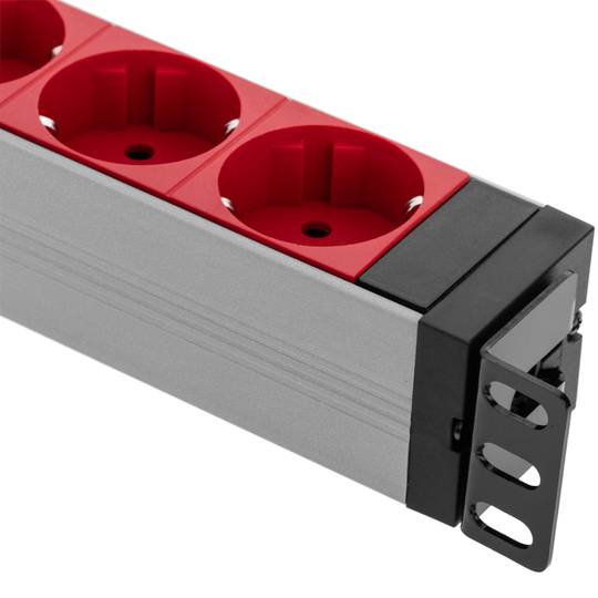Listwa PCV z 9 czerwonymi wtyczkami Schuko do szafy rack 19” 1U