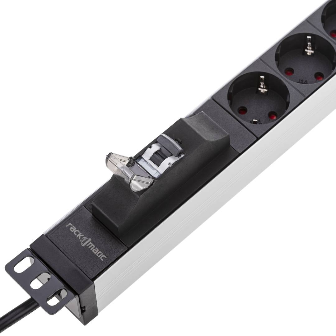 Regleta d'endolls de PVC per a armari rack 19” 1U amb 6 Schuko negres carcassa gris i interruptor tipus B