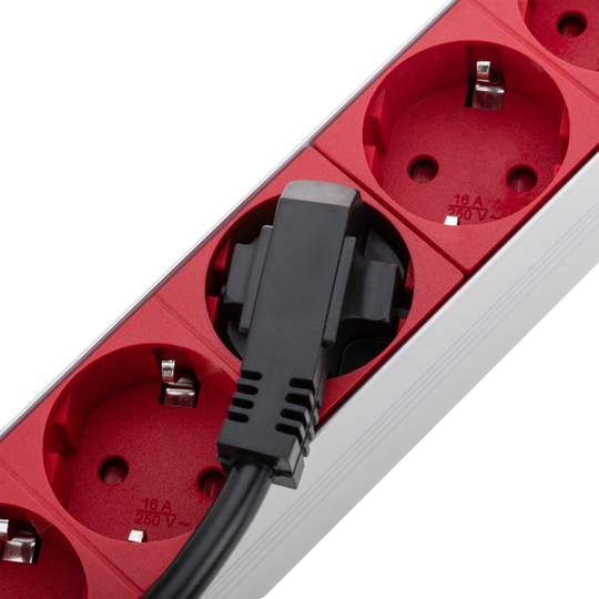 Tira de força de PVC para rack de 19” 1U com 8 switches Schuko vermelhos e conector C14